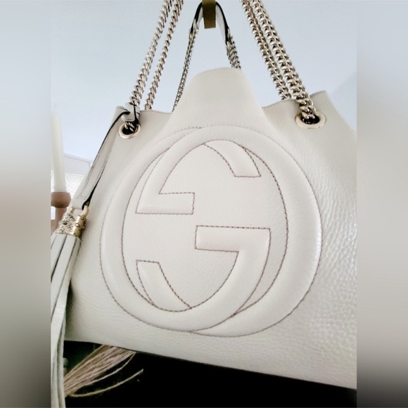 RARE🔥GUCCI soho ivory gold double chain leather bag - Picture 6 of 14